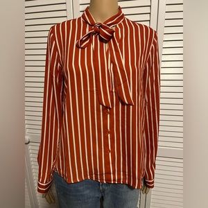 Pretty Timing size M burnt orange ivory stripe tie neck blouse NWT